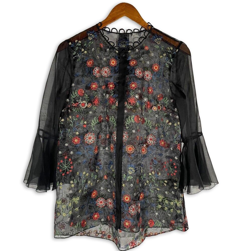 Elie Tahari Embroidered Sheer Black Floral Tunic Top Size Small